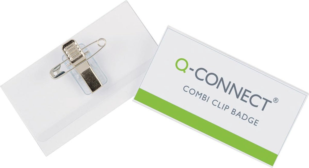 Q-CONNECT badge with combination clip 90 x 54 mm, box of 50 pieces with 50 white cards