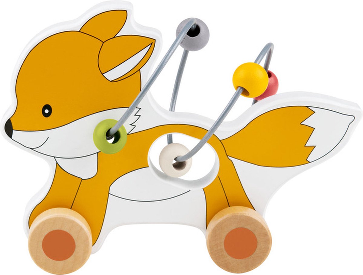 A wooden fox-shaped baby toy with colorful bead maze bars and wheels, shown on a plain white background.