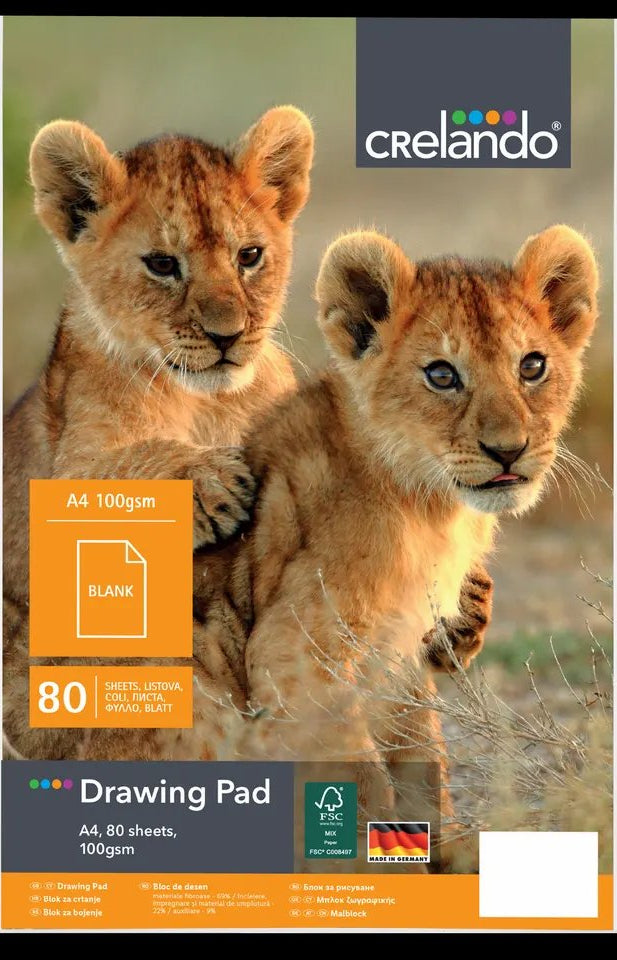 Creando A4 drawing pad paper pack featuring a photo of two lion cubs on the cover, with product details including 80 sheets and 100gsm paper.
