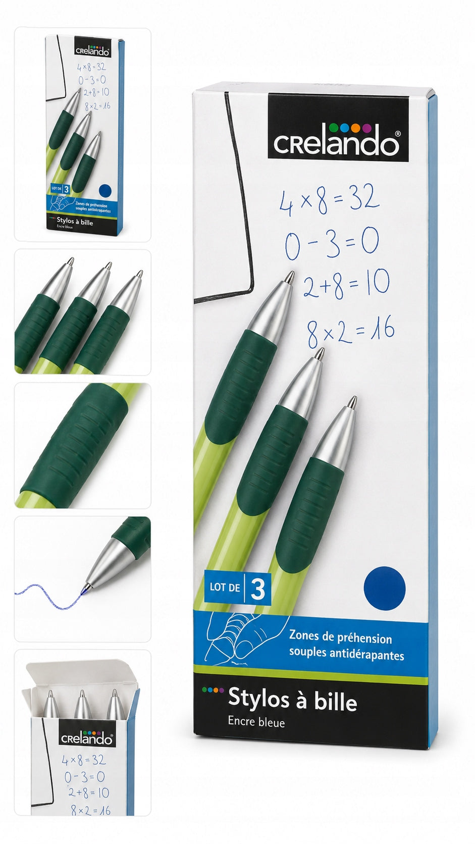 Crelando Blue Pens 3 Pcs Anti-slip For School and Office