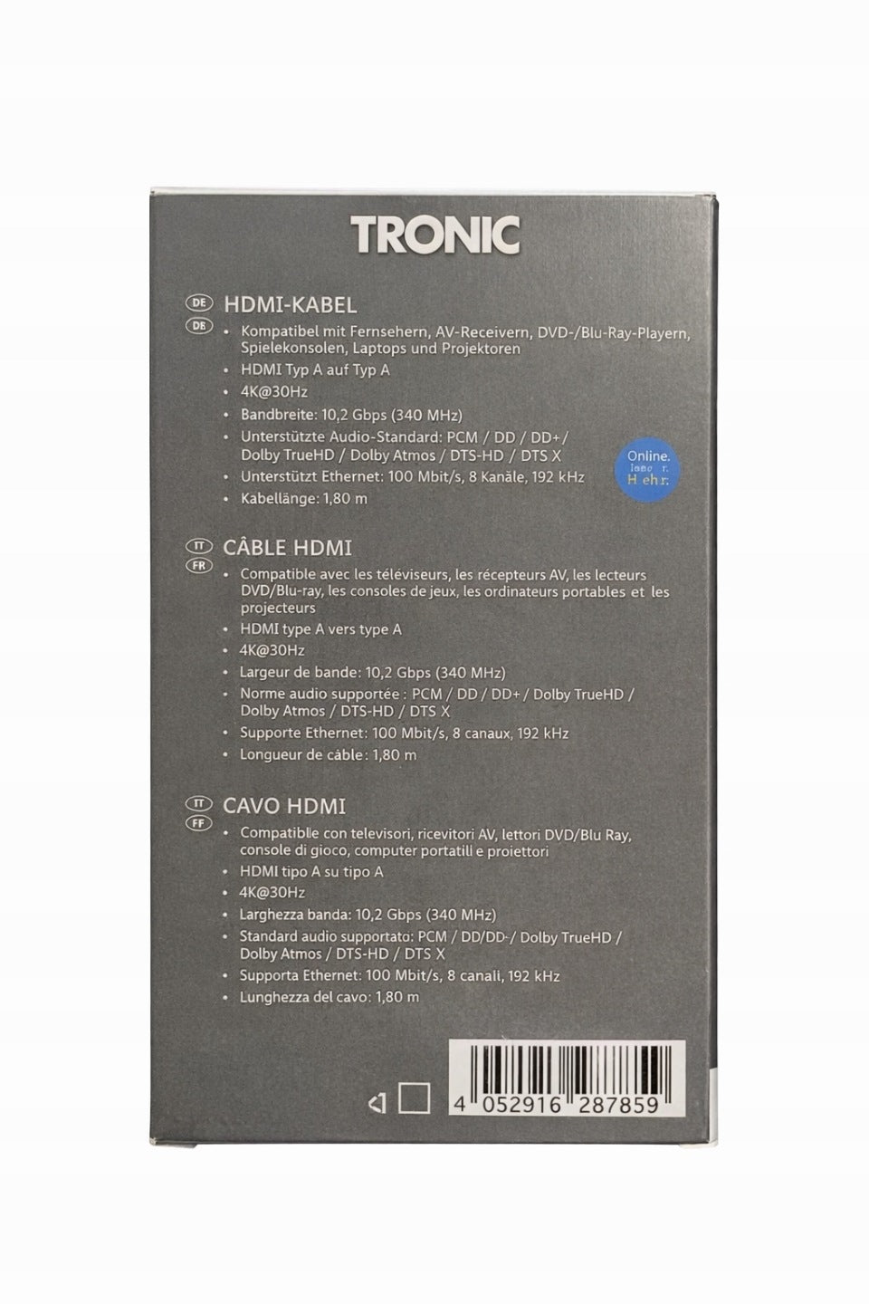 TRONIC HDMI cable 1.8 m 4K 30Hz High Speed ​​Type AA Ethernet