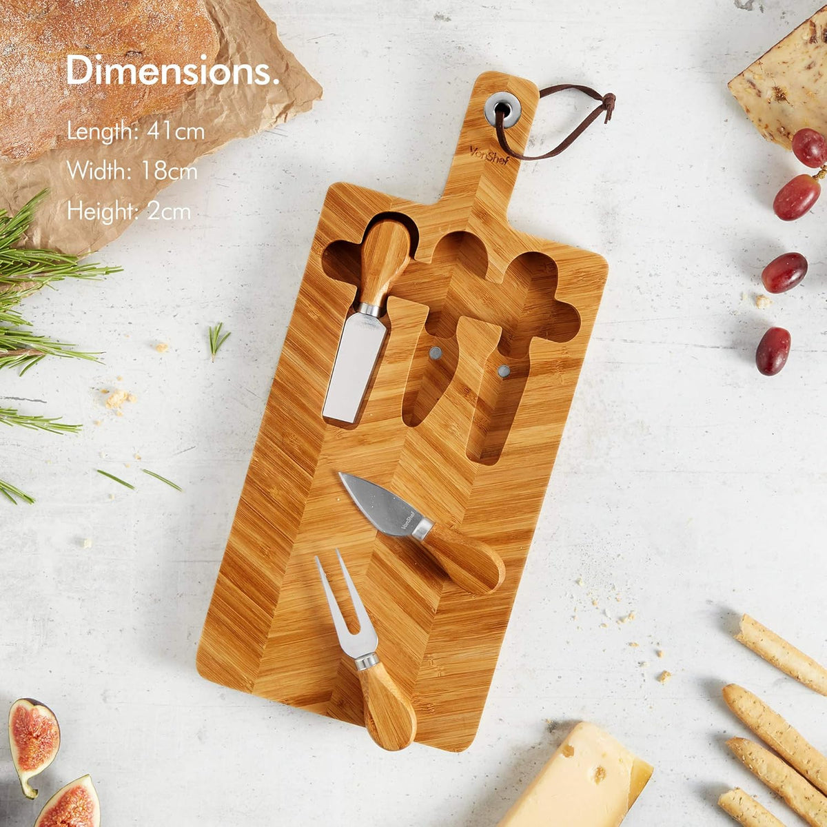 VonShef Herringbone Cheese Board & Knife Set – 100% Bamboo Serving Platter