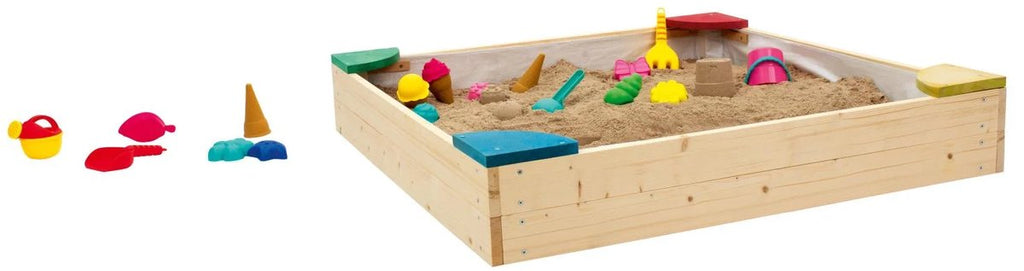 PLAYTIVE Sandpit – Wooden Sandpit with 4 Seats for Children from 1.5 Years – 90x90 cm with play area – With 4 seating areas