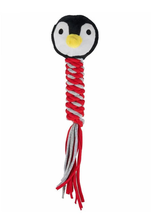 A penguin-shaped dog toy with a black and white plush head, yellow beak, and a red and white braided rope body with red and white tassel ends, shown on a plain white background.