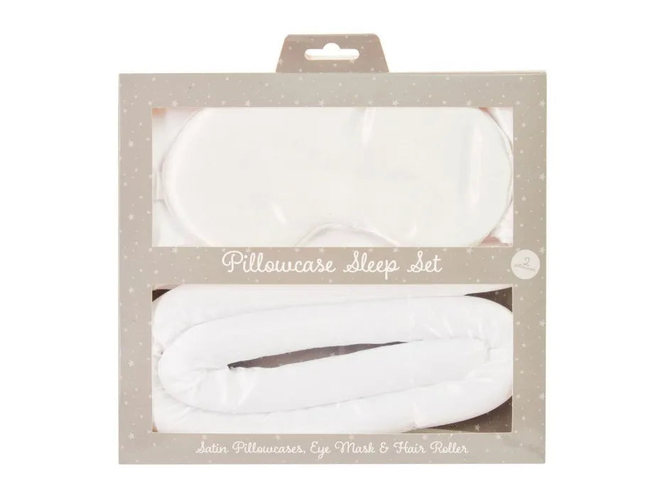 Sleep Set (2 Satin Pillowcases + Eye Mask + Hair Roller) - WHITE