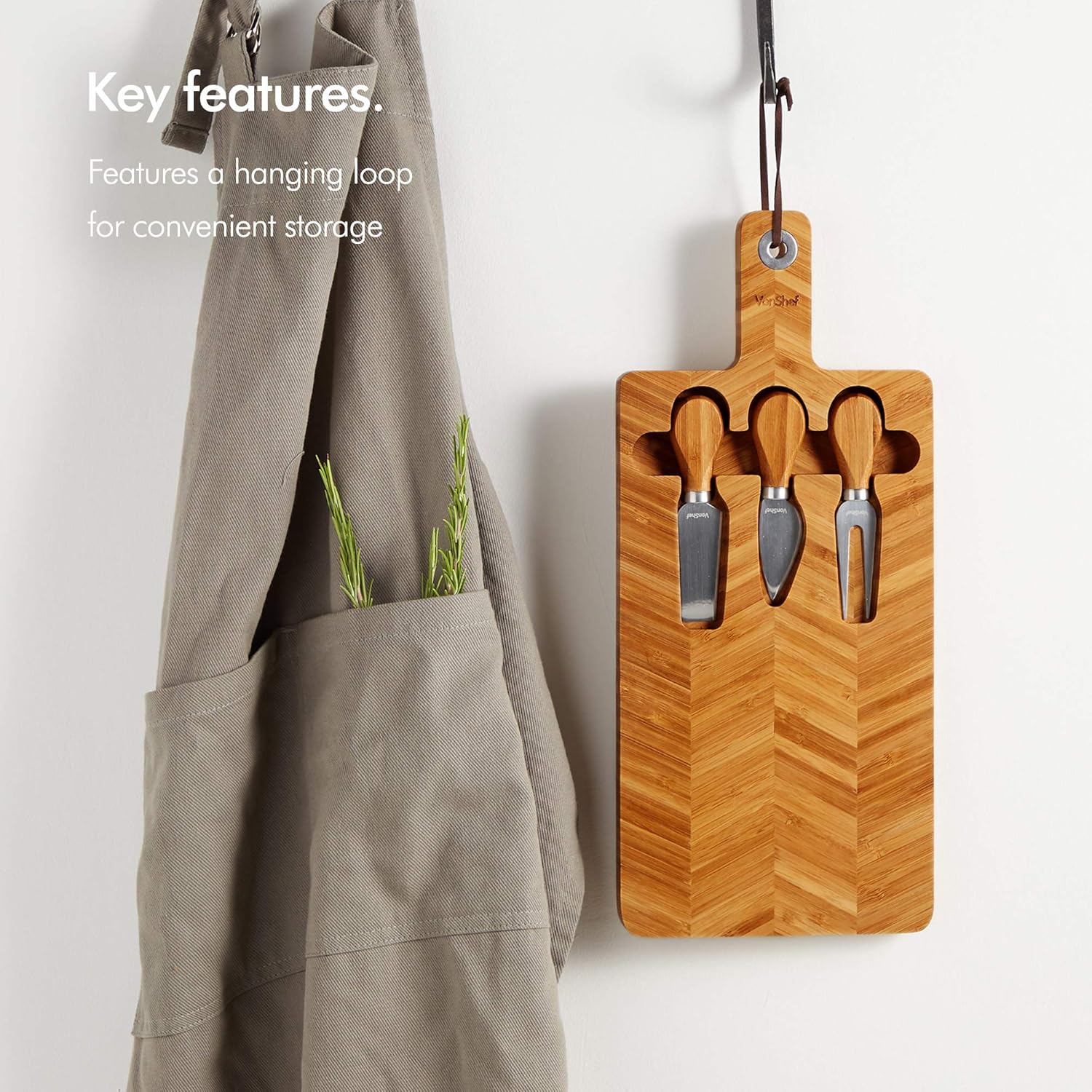 VonShef Herringbone Cheese Board & Knife Set – 100% Bamboo Serving Platter