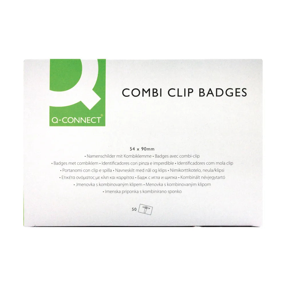 Q-CONNECT badge with combination clip 90 x 54 mm, box of 50 pieces with 50 white cards