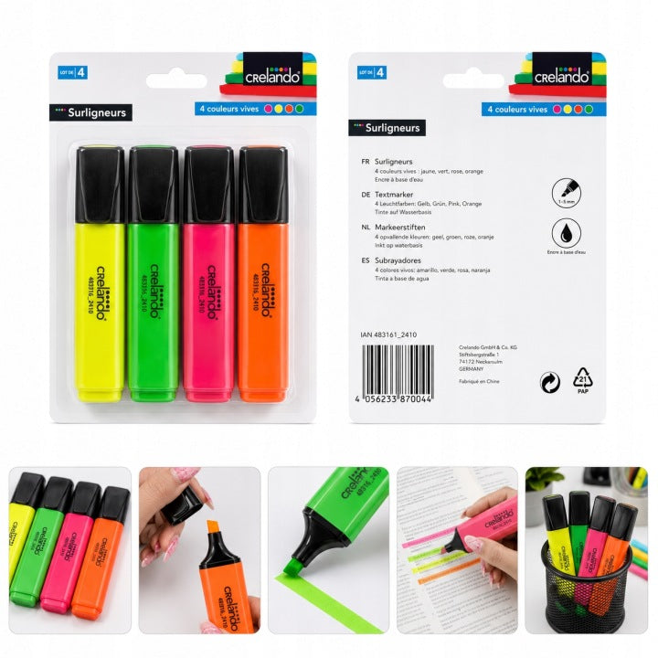 CRELANDO Colored 4 Pcs Fluorescent Markers/Highlighters