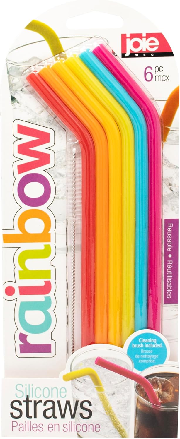 Joie Rainbow Reusable Silicone Straws with Cleaning Brush, Set of 6