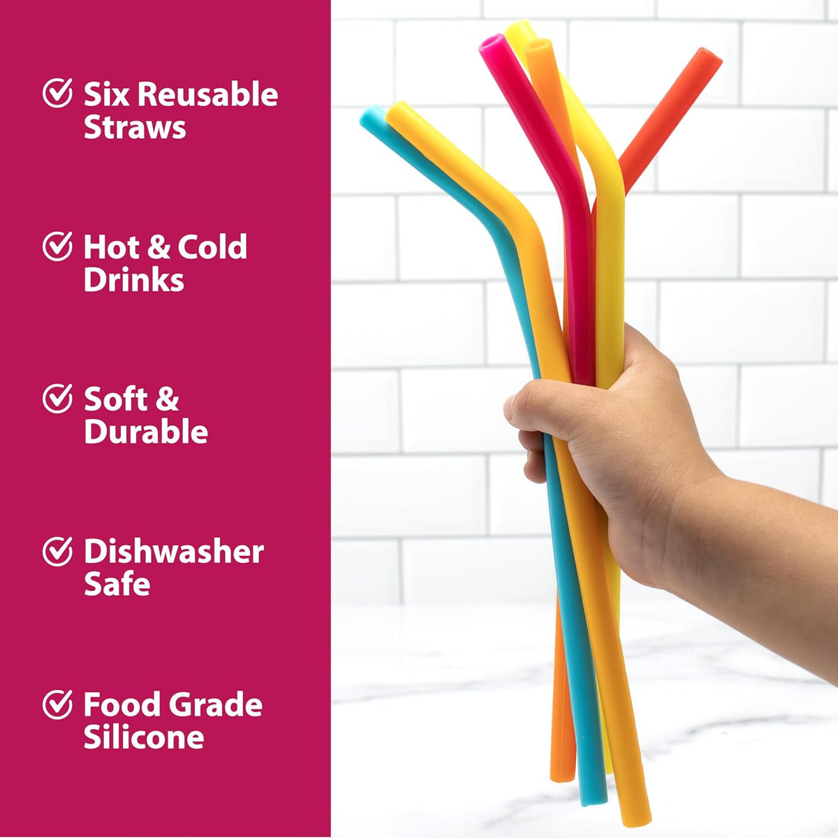 Joie Rainbow Reusable Silicone Straws with Cleaning Brush, Set of 6