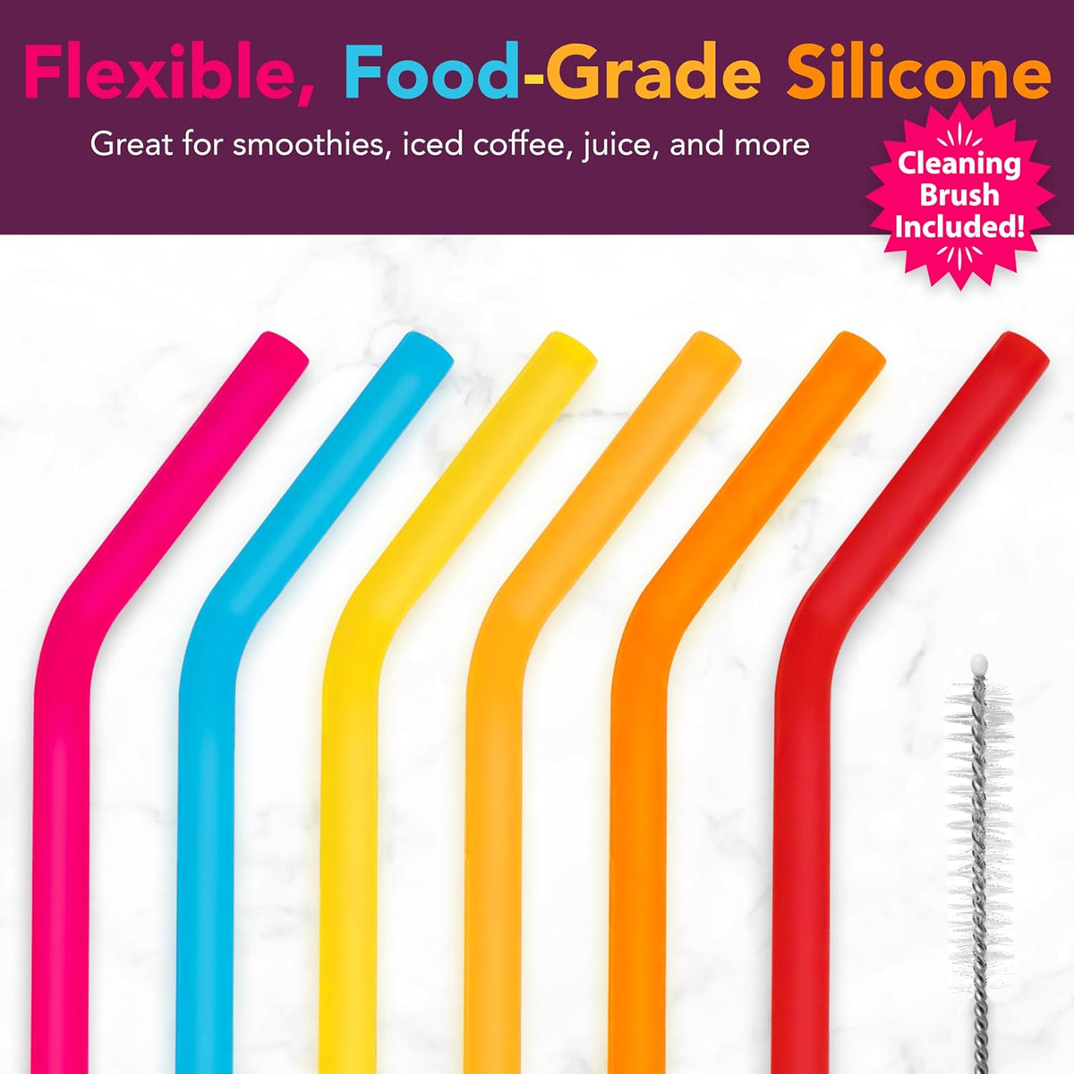 Joie Rainbow Reusable Silicone Straws with Cleaning Brush, Set of 6