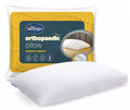 A white orthopaedic pillow shown in front of its retail packaging on a clean white background. The packaging features a yellow and dark blue label with the brand name 'Silentnight' and product type 'orthopaedic pillow'.