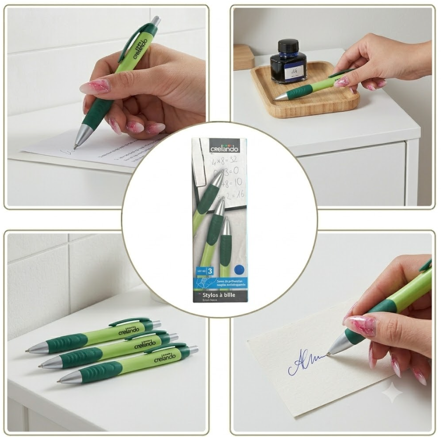 Crelando Blue Pens 3 Pcs Anti-slip For School and Office