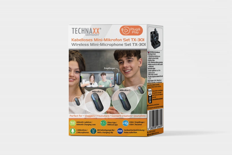Technaxx Wireless Microphone Set TX-301 (2 mics for vloggers, social media, meetings, etc.)