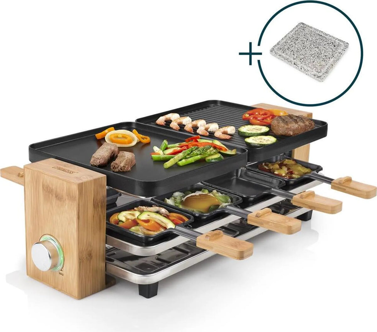 Princess Pure 8 Raclette Non-Stick Coating, 8 Pans Black, Stone, Bamboo