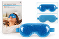 Blue gel bead eye mask shown with its retail box and two inset views of the mask, including one with the strap fastened and one loose. The box reads 'GEL BEAD EYE MASK' and shows a woman wearing the mask.