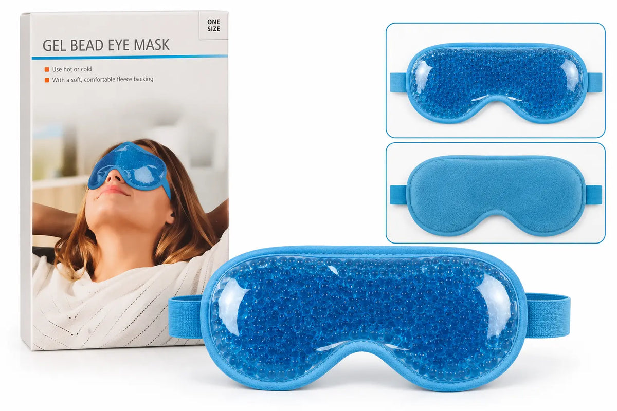 Blue gel bead eye mask shown with its retail box and two inset views of the mask, including one with the strap fastened and one loose. The box reads 'GEL BEAD EYE MASK' and shows a woman wearing the mask.
