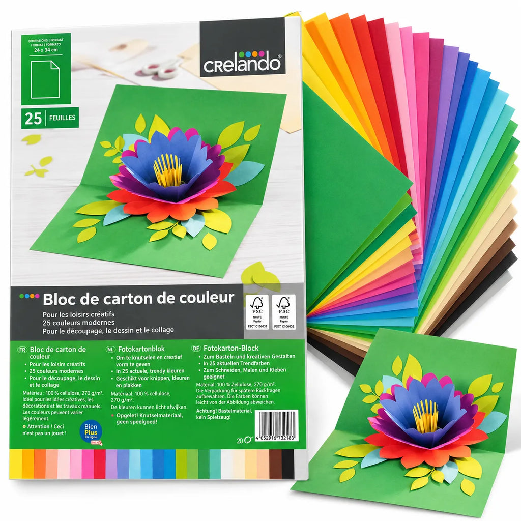 Crelando Coloured Paper Pad – 25 Sheets, 25 Colours, 270 g/m²