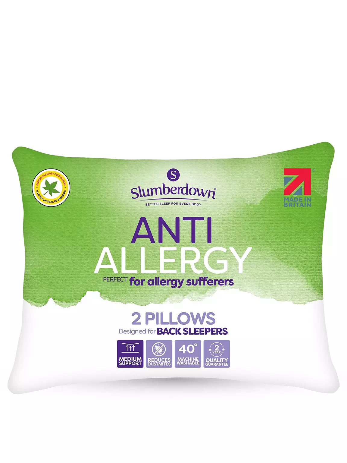 Slumberdown 2 Pack Anti Allergy Medium Support Back Sleeper Pillows