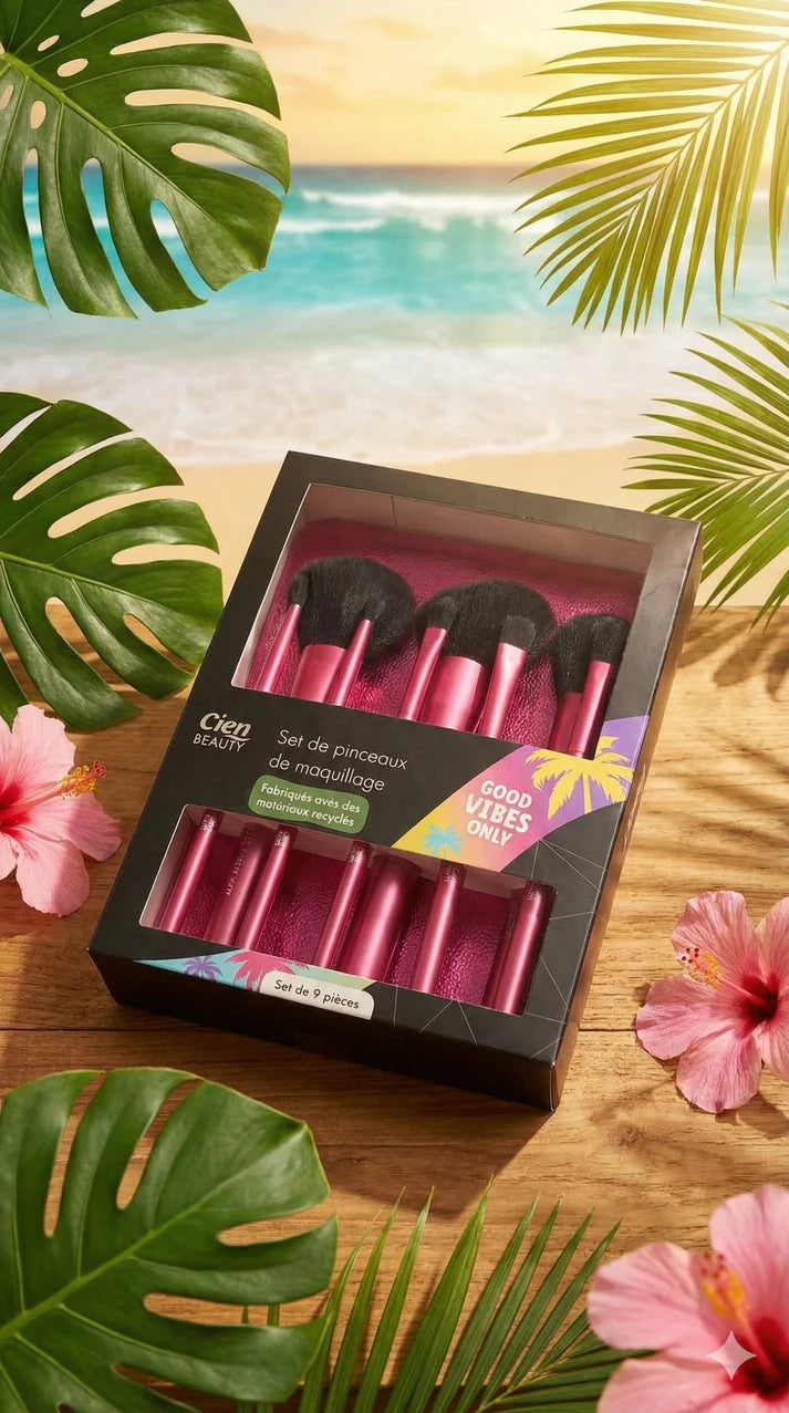 CIEN BEAUTY 9-piece cosmetic brush set including case, pink