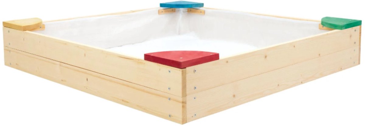 PLAYTIVE Sandpit – Wooden Sandpit with 4 Seats for Children from 1.5 Years – 90x90 cm with play area – With 4 seating areas