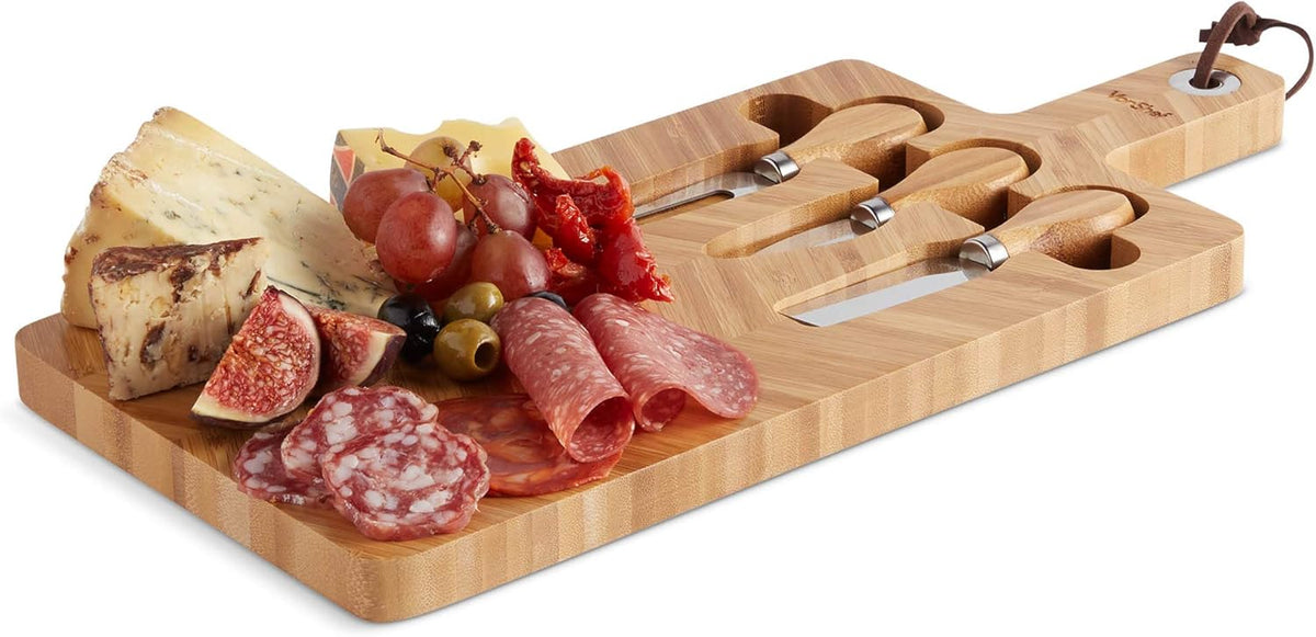 VonShef Herringbone Cheese Board & Knife Set – 100% Bamboo Serving Platter