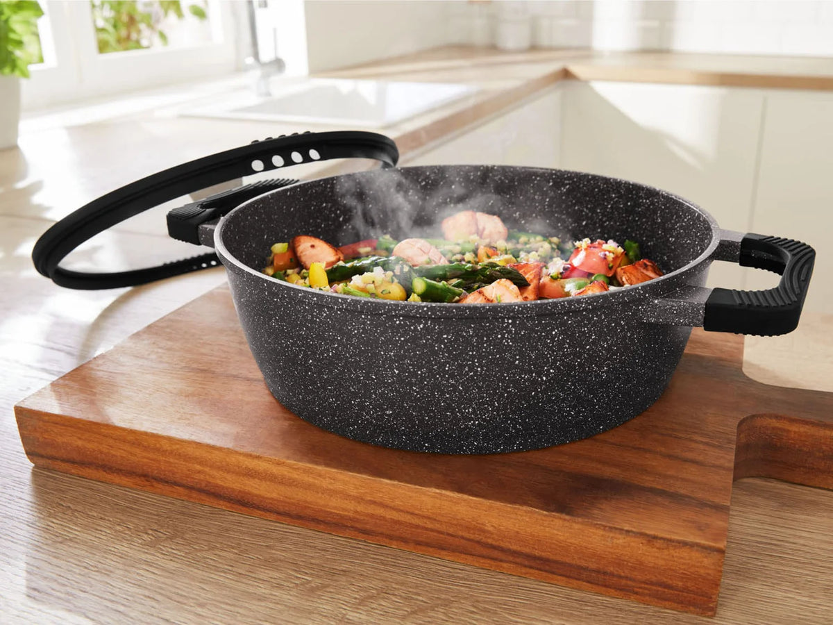ERNESTO® Serving pan, cast aluminum, granite look, Ø 28 cm with glass lid