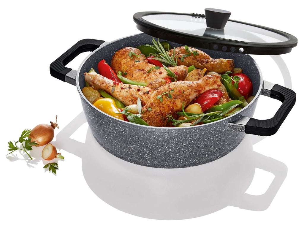 ERNESTO® Serving pan, cast aluminum, granite look, Ø 28 cm with glass lid