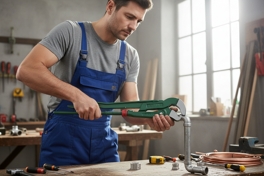 Green pipe wrench on a white background