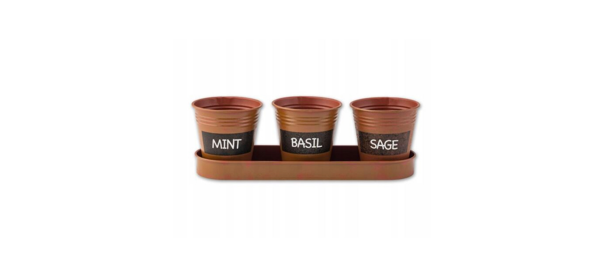 Parkside 3-Piece Zinc Herb Pot Set with Tray - Brown Sand