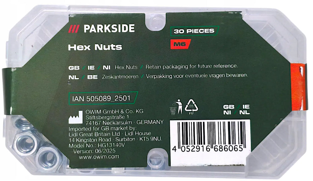 PARKSIDE M6 NUTS SET OF 30 FOR METAL SCREW CONNECTIONS