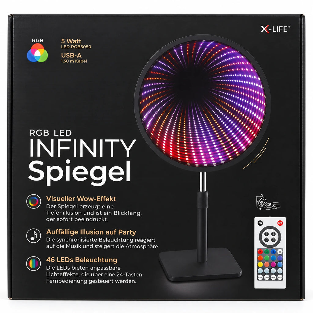 X4-LIFE RGB LED Infinity Mirror with Music Sync & Remote Control – 46 LEDs