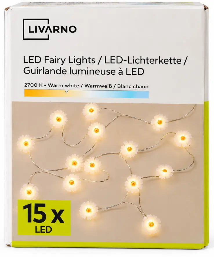 LIVARNO LED Fairy Lights – 15 Daisy Flower LEDs, Warm White